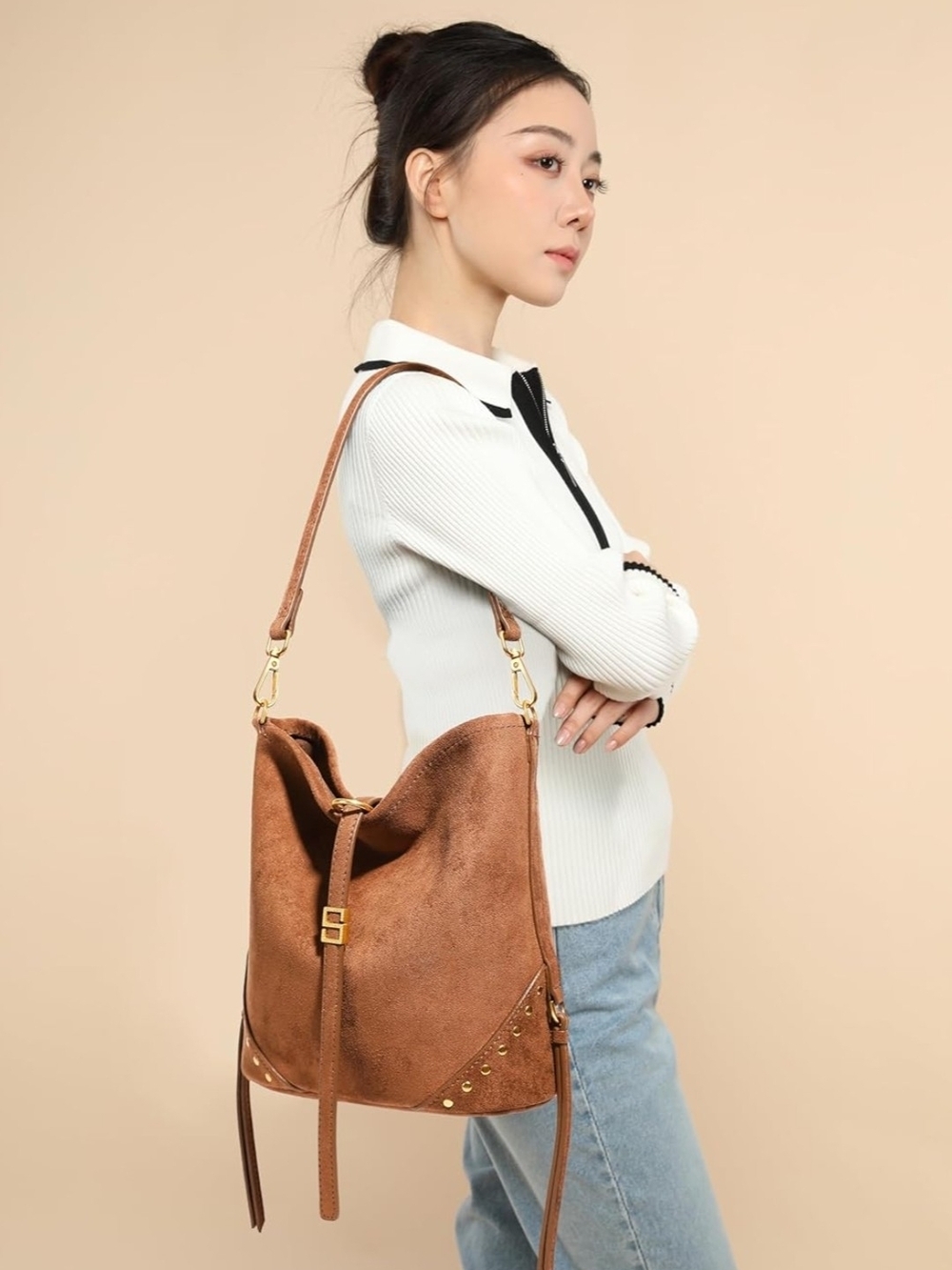 Women’s Suede Hobo Bag in Cognac Brown - Classic Shoulder Tote